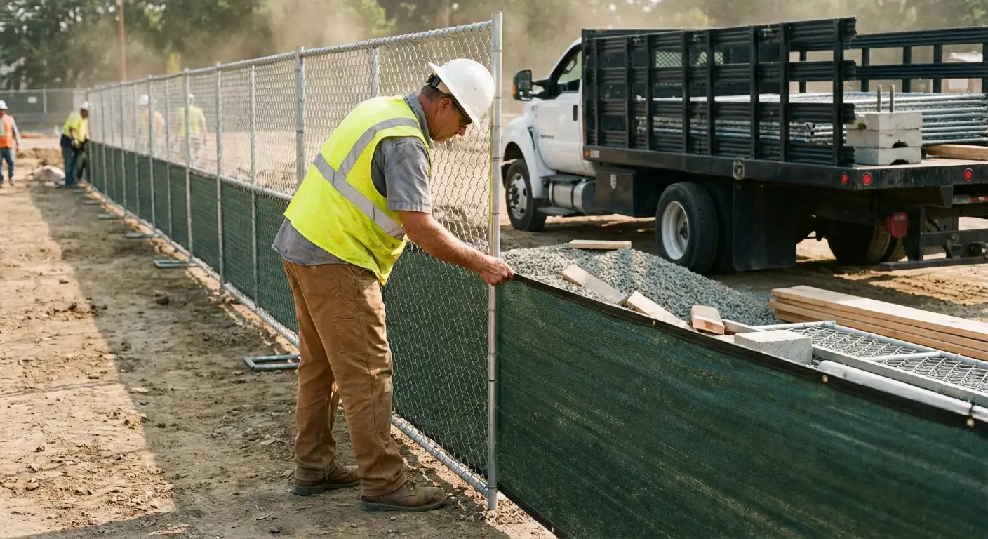 Privacy windscreen installation on construction fence in Schenectady, NY